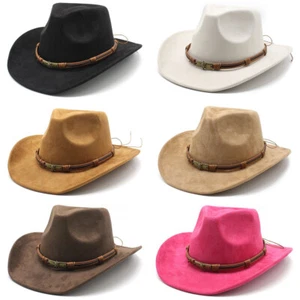 Men Women Vintage Wide Brim Panama Western Hat Suede Cowboy Cowgirl Jazz Hat - Picture 1 of 18