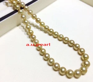 ROUND AAAAA 18"9-10MM NATURAL real south sea deep golden pearl necklace 14K gold - Picture 1 of 8