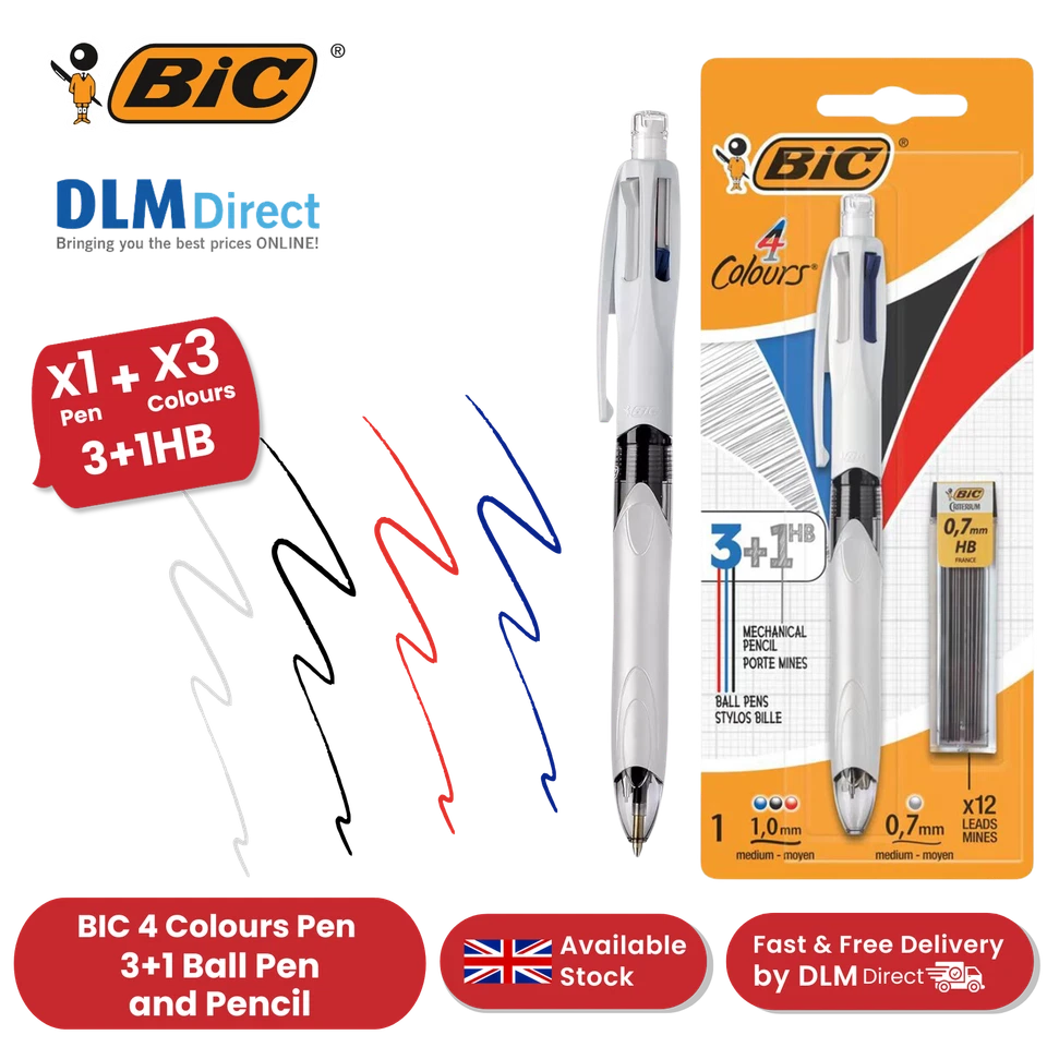 BIC 4 Colours Ballpoint Pen 4 Colours 3 + 1HB with Pencil -Home Office or School - Image 1 of 1