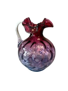 Vintage Fenton Coin Dot Optic Cranberry Glass Two Tone Ruffled Ball Pitcher 7” - Picture 1 of 5