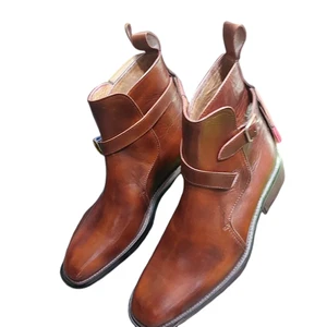 Handmade Men Brown Toning Leather Jodhpurs Ankle High Buckle Strap Boots For Men - Picture 1 of 3