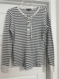 Ralph Lauren weiß & schwarz gestreift Baumwolle Langarm Henley Krawatten vorne Größe L - Bild 1 von 12