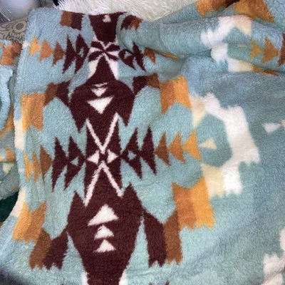 Home smart Sherpa Throw Native  Blue With Brown And Mustard Yellow  2 Available - Image 1 of 4