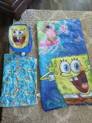 Spongebob Squarepants Kids Blue Sleeping Bag Basket Pillow Case Nickelodeon - Image 1 of 4