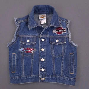 Harley Davidson Patch Jean Vest Size 5 Blue Denim Kids 30" Chest Distressed - Picture 1 of 13
