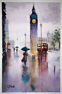 Rainy day in London - 14"x22" original Watercolour painting (unframed) - Picture 1 of 1