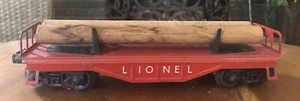 Vintage roter Metall Lionel Train Flachbett Log Muldenkipper & Baumstämme hergestellt in den USA Rail Road - Bild 1 von 8