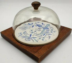VTG Mid Century Cheese Cracker Dome w Wood Base Blue White Ceramic Made In Japan - Picture 1 of 6