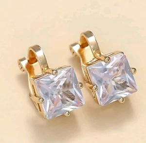 Women's Clip On Crystal Square Cubic Zirconia Studs No Piercing Fashion Earrings - Picture 1 of 2