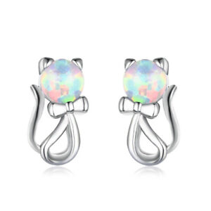Woman Silver Jewelry White Simulated Opal Cat Charm Dangle Earrings Wedding