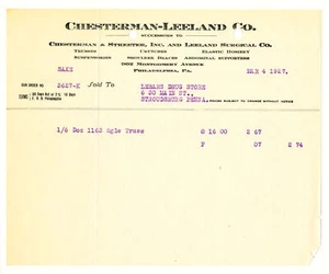 1927 RECIBO BILL HEAD - CHESTERMAN-LEELAND CO. - ARMADURAS MÉDICAS - DROGA LEBARS - Imagen 1 de 1