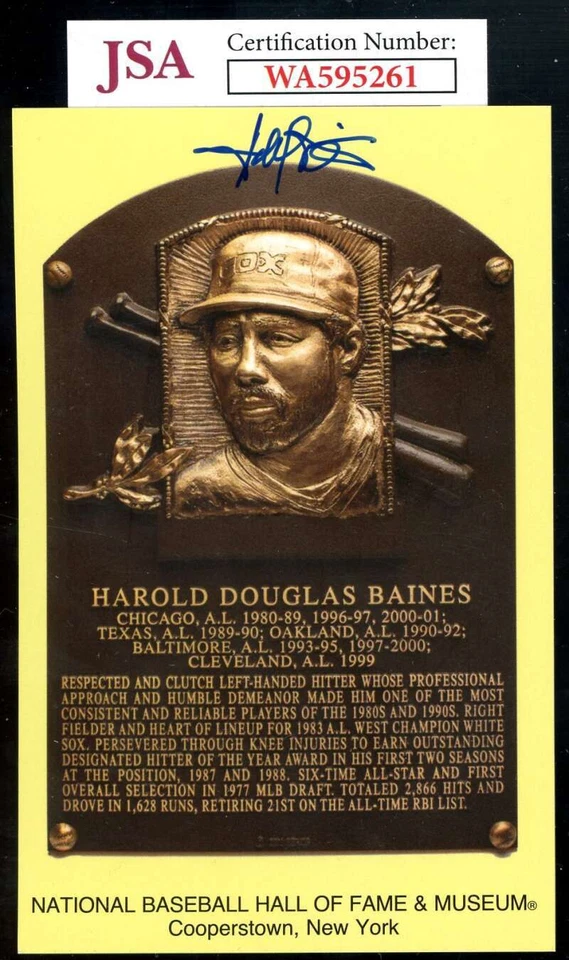 Placa autógrafa dorada firmada por Harold Baines certificado de autenticidad JSA Salón de la Fama Foto 1 de 1