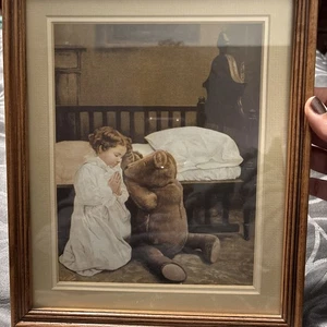 ANTIGUO OSO DE PELUCHE ESTAMPADO HORA DE ACOSTARSE ORACIÓN NIÑO CUNA VINTAGE ARTE EN LIENZO ENMARCADO - Imagen 1 de 5