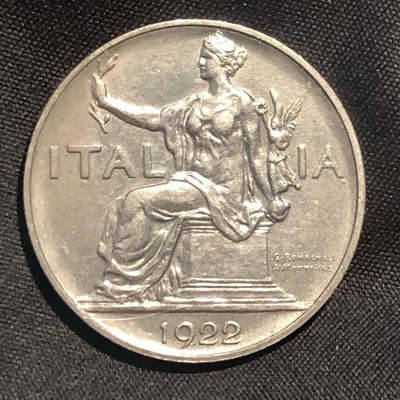 1922 年 R 版意大利 1 里尔镍币 - AU(关于未流通)状况 — 第 1/4 张图片