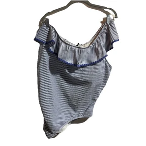 J. Crew One Shoulder Ruffle One Piece Seersucker Swimsuit Blue Stripe Size 20 - Picture 1 of 11