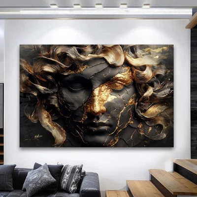 Leinwandbild Abstraktes Gesicht Gold Schwarz Modern Wandkunst Wohnzimmer 8807 - Bild 1 von 4