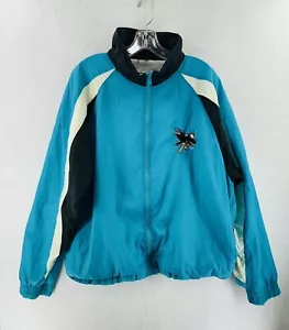 SAN JOSE SHARKS 90s Jacket Windbreaker Nylon NHL TEAL & BLACK Sewn Logos L Vtg - Picture 1 of 16
