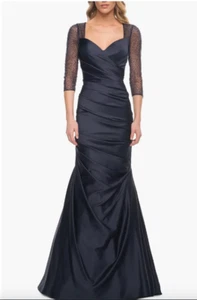 LA FEMME SATIN PLEAT MERMAID NAVY MERMAID GOWN 8 - Picture 1 of 5