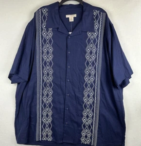Island Passport Hawaiian Shirt Mens 2XLT - Blue w/ Tribal Striped Linen/Rayon - Picture 1 of 7