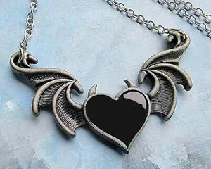 Black Heart, Bat wings, Devil Horns, Gothic Necklace, Halloween jewelry - Picture 1 of 5