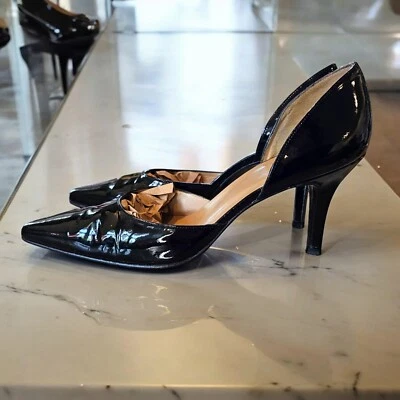 STUART WEITZMAN Black Patent Leather Pump Heels Sz 7.5 Point Toe D'orsay Shiny - Image 1 of 4