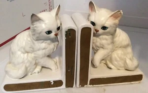 Lefton Japan Pair Porcelain White Cat Kitten BookEnds 6" Vintage - Picture 1 of 5