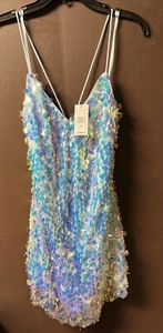 Short Silver Sheath Blue Sequin Dress Womens Jr Sz 13 Blonde Nites Discocore NWT - Picture 1 of 14