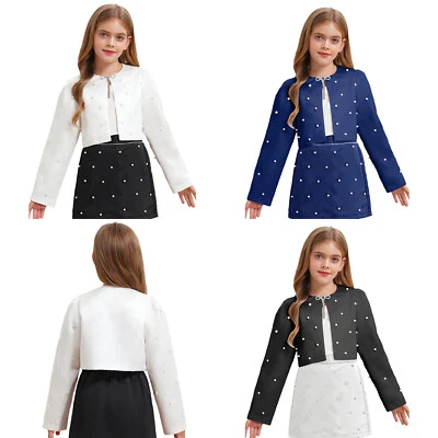 Kid Girls Shawl Special Wrap Flower Shrug Pearls Decorated Bolero Long Sleeve - Image 1 of 4