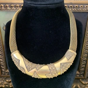 Monet Couture Mesh Collar Necklace 1980s Modernist Art Deco Gold Tone Vintage - Picture 1 of 8