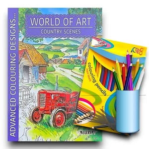 Advanced ADULT COLOURING BOOK Antistress Therapy COUNTRY SCENES WITH 18 PENCILS - Imagen 1 de 11