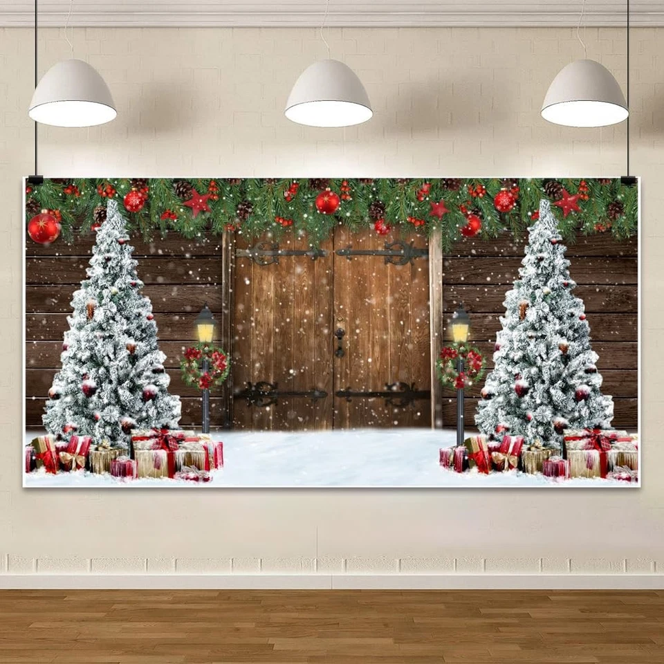 Telón de fondo de fotografía de Navidad de 20x10 pies rústico puerta de madera de granero regalos de árbol de Navidad... Foto 1 de 4