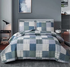 Plaid Quilt Set King Size Patchwork Quilts Bedding Plaid Reversible Bedspread... - Picture 1 of 8