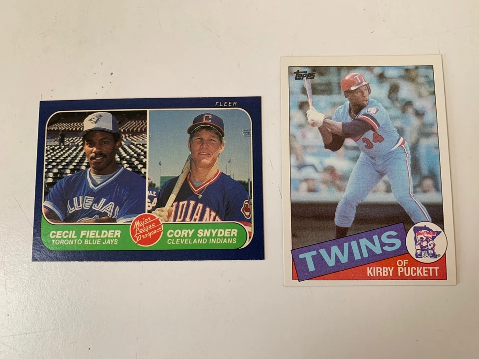 Tarjetas de novato 1985 Topps Kirby Puckett, 1985 Fleer Cecil Fielder/Cory Snyder Foto 1 de 2
