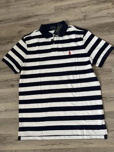 New Polo Ralph Lauren Custom Slim Fit Striped White Navy Mesh Polo Shirt. Size L - Picture 1 of 5