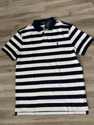 New Polo Ralph Lauren Custom Slim Fit Striped White Navy Mesh Polo Shirt. Size L - Image 1 of 4