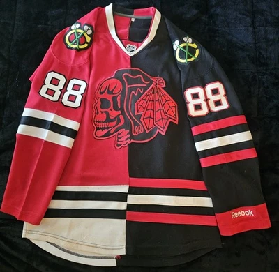 RARE: Chicago Blackhawks split black and red jersey w/a red skull logo #88 KANE - Image 1 of 4