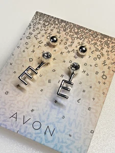 Avon Earrings Two Pairs Silver Metal Letter E And Ball Studs - Picture 1 of 8