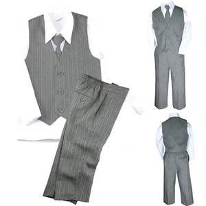 Nuevo Bebé Niño Pequeño Niño Adolescente 4 PIEZAS Chaleco Pantalones Set Traje Formal a Rayas Gris Talla S-14 - Imagen 1 de 7