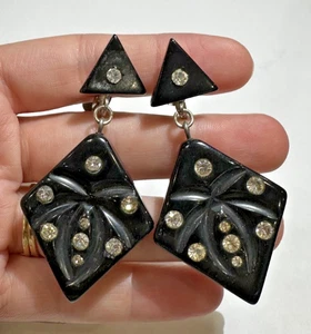 Vintage Early Celluloid Plastic Bakelite? Black Rhinestone Clip Dangle Earrings - Picture 1 of 7