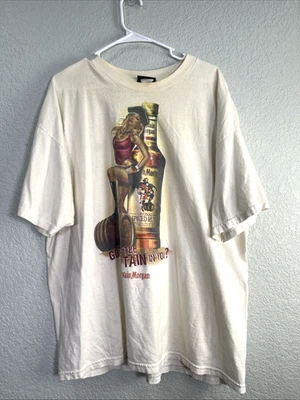 Captain Morgan Vtg 90s Graphic T Shirt Mens 2XL Cream Sexy Pinup Girl Spice Rum - Image 1 of 4