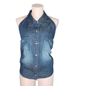 Vintage Route 66 Denim Chambray Neckholder Top verziert Perlen Druckknopf Western Gr. 22W - Bild 1 von 15