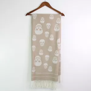 Magaschoni Skull Print Tasseled Throw Blanket Taupe White 50" x 60" - Picture 1 of 5