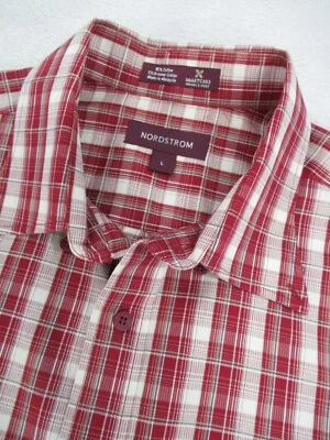 NORDSTROM 男式大号衬衫 Smartcare 无皱纹长袖格子红色白色 — 第 1/4 张图片