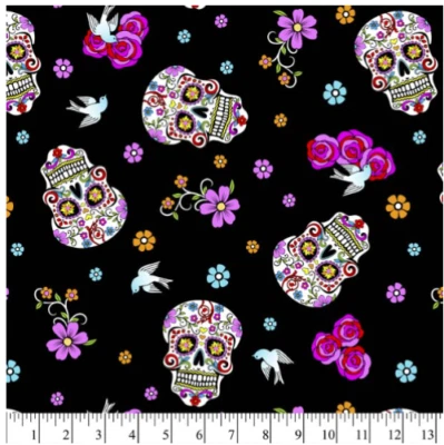 David Tex 1 Yard Precut - SUGAR SKULLS Glit Blk Prints 100% Cotton Quilt Fabric - Image 1 of 2
