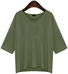 Womens V-Neck Five Point Sleeve Solid Stretchy Loose Fit Cotton t Shirt Tee Tops - Picture 1 of 10