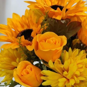 16" Yellow Gold Artificial Mixed Mum, Sunflower & Rose Floral Bush - Picture 1 of 3