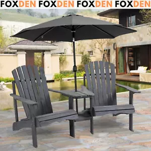 Outdoor Wooden Double Adirondack Chairs Loveseat w/Centre Table & Umbrella Hole - Picture 1 of 13
