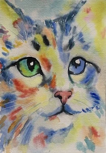 Portrait Of A Bright Cat. Original Watercolor Painting. Handmade. Size 8”x6”. - Picture 1 of 7
