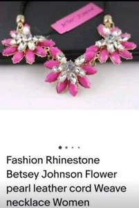 Fashion Rhinestone Betsey Johnson flower pearl leather cord necklace  - Picture 1 of 5