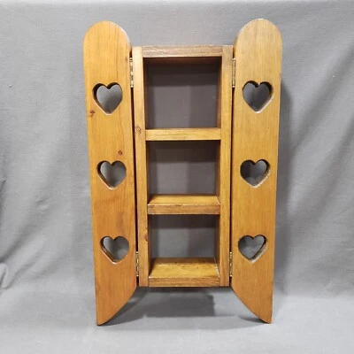 Wall Shelf Cabinet w/ Doors Primitive Rustic Wood Heart Cutout Country Farmhouse - Image 1 of 4